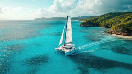 Couple sailing on a catamaran in the Caribbean Sea, 4K hyperrealistic photo