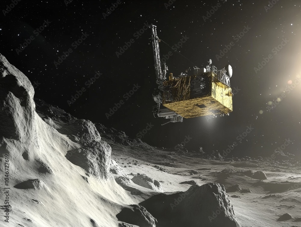 Poster a close-up of a space probe landing on a comet, using robotic arms to collect samples from its icy s