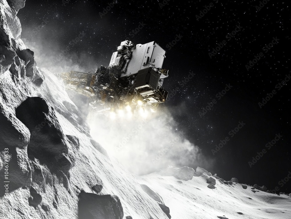 Aufkleber a close-up of a space probe landing on a comet, using robotic arms to collect samples from its icy s