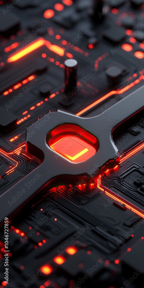 Poster close-up of a black electronic circuit board with glowing red elements and intricate details.