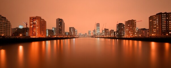Naklejka premium City skyline at dusk with glowing buildings reflecting on the water.
