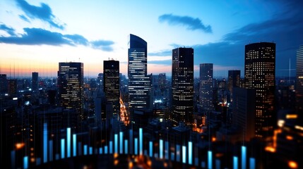 Obraz premium City skyline at dusk with illuminated buildings and urban atmosphere.