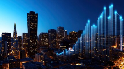 City skyline at night with illuminated skyscrapers and vibrant lighting effects.