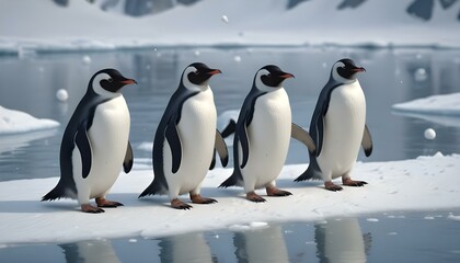 Fototapeta premium A cute animation featuring playful penguins sliding joyfully on a frozen lake, with occasional snowballs tossed in the air, creating a lively winter scene full of fun and laughter.