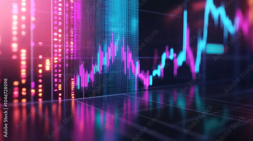Poster Abstract financial chart with glowing lines and data on a black background.