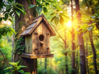Wooden Birdhouse Nestled in a Lush Forest Tree, Capturing Nature's Beauty and Serenity, Ideal for Nature Lovers and Environmental Conservation Enthusiasts