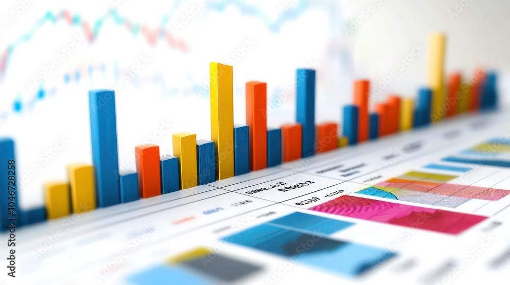 Fototapete colorful bar graph chart on a financial report with a line graph in the background.