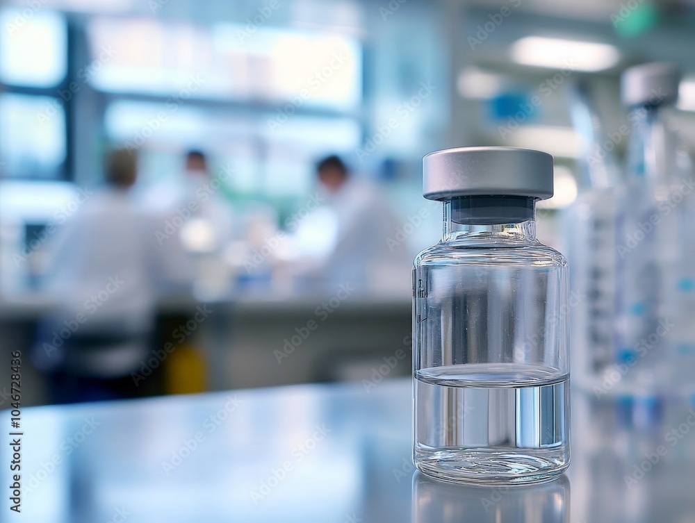 Poster a close-up of a vaccine vial developed using biotechnology, with researchers working in the backgrou