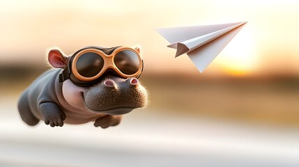 A humorous image of a hippo wearing goggles, flying through the air alongside a paper airplane during sunset.