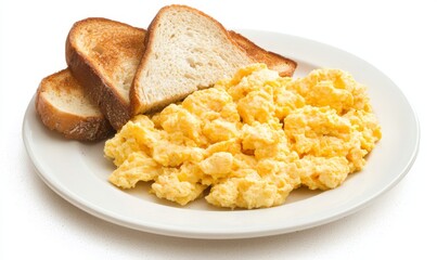 scrambled eggs with toasted slices of bread on a white plate
