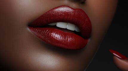 Obraz premium Close-up of luscious red lips matching manicured nail