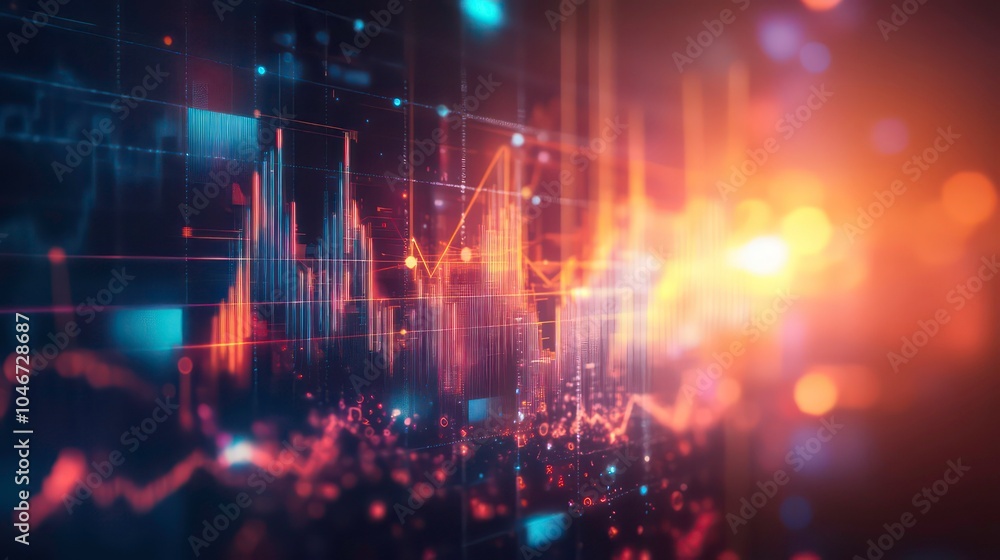 Poster Abstract glowing lines and data visualizations on a black background, with a bright light source in the distance, representing digital technology, data analysis, and the future.