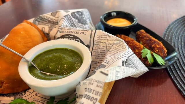 Delicious empanada with mojo verde green mojo sauce and crispy cheese sticks, traditional tapas in Marbella Spain, tasty food, 4K shot