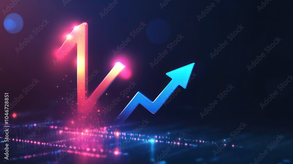 Poster glowing red and blue arrow shapes rising up on a dark background with a shimmering effect.
