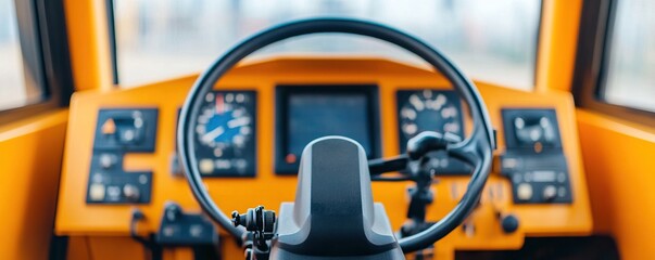 Close-up view of a vehicle cockpit showcasing controls and steering wheel.