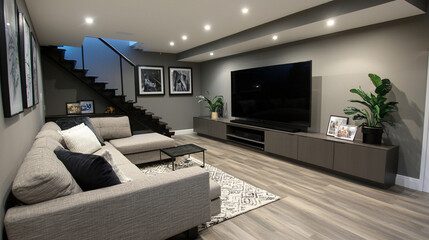  a modern basement media center with a large TV