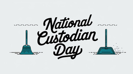 National custodian day lettering and broom and scoop decoration, party greeting card, calligraphy poster, generative AI