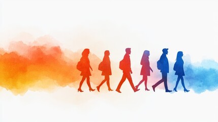 Fototapeta premium A colorful watercolor illustration of six people walking in a line, symbolizing movement and diversity.