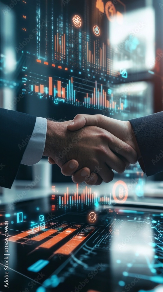 Poster Two men shake hands in front of a computer screen with a lot of numbers