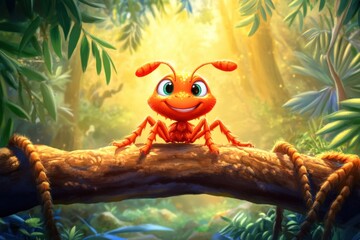 Fototapeta premium Enchanting smiling cartoon ant in vibrant setting