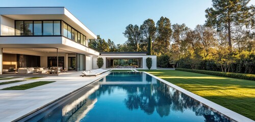 Fototapeta premium Suburban modern estate boasts expansive infinity pool with lawn views.