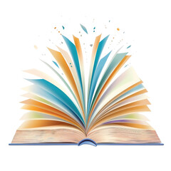 Open book with colorful pages and flying elements, white background