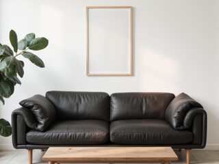 blank poster in a light wooden glass frame, hanging on the white wall, a black leather sofa, with warm lighting and cozy nordic mid-century ambiance. Frame poster mockup