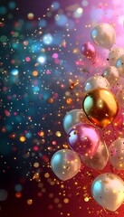 Festive Celebration Background. Sparkly Colorful Balloons on Blue and Red Twinkling Glitter Backdrop