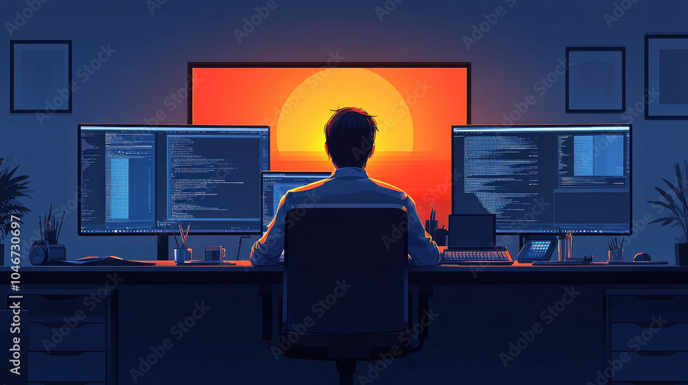 Poster a person is focused on coding at their desk, surrounded by computer monitors, with a stunning sunset