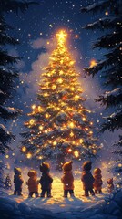 Santa Claus with elves and reindeer in pixel art Christmas scene