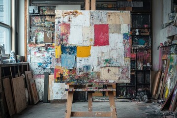 abstract mixed media art, mixed media collage featuring abstract paper cut elements on a wooden easel in a chaotic creative setting with a blank canvas nearby