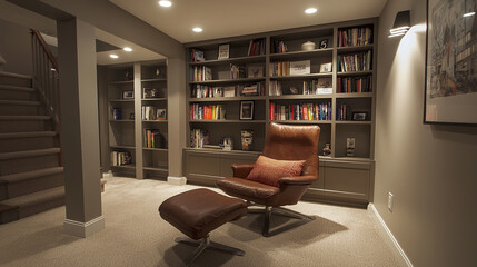 a modern basement reading area with built