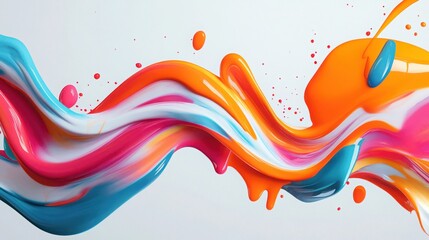 Dynamic and vibrant abstract 3D swoosh pattern with realistic plasticine clay texture, featuring bright curved shapes and motion flow, accented with colorful paint drops and fluid explosion effects.