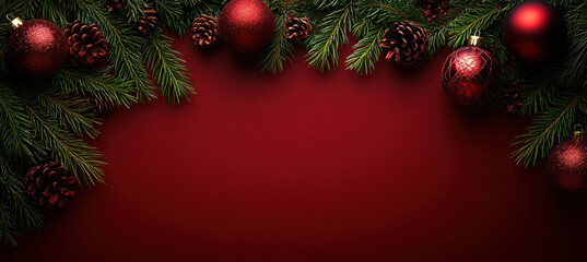 Pine Branches and Red Christmas Ornaments