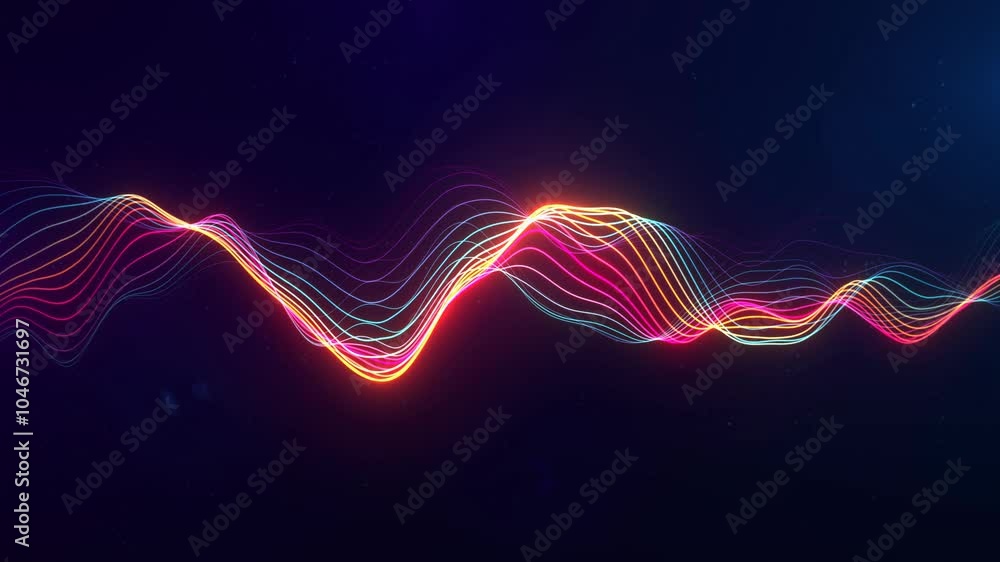 Poster abstract colorful futuristic wave lines animation background, 4k seamless loop backdrop video as tec