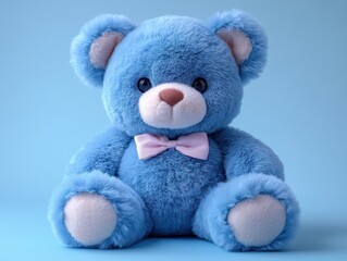 Blue Teddy Bear on a Solid Pastel Blue Background, Representing an Adorable and Cuddly Toy for Children or Nursery Decor  
