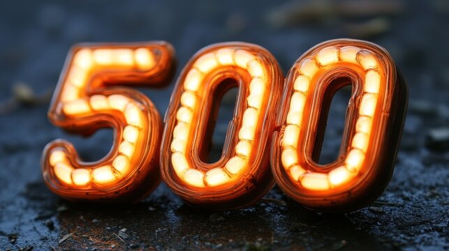Illuminated Number 500, Five Hundred, Celebration, Golden Lights, Success, Achievement