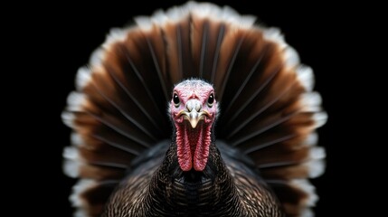 Close-up of a turkey with stunning fanned tail feathers, perfect for Thanksgiving-themed designs, promotions, and seasonal content.