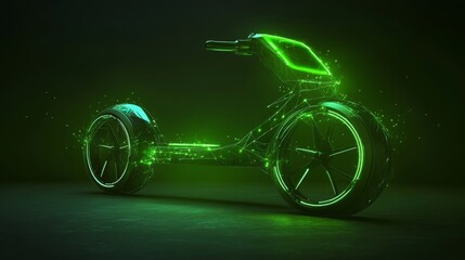 Electric Tricycle Scooter With Glowing Green Lines On A Dark Studio Background. 3D Illustration.