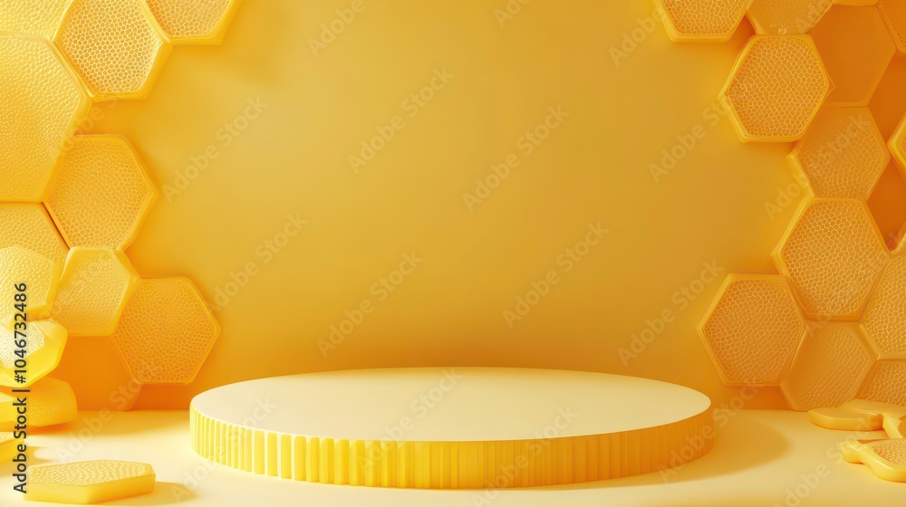 Poster A bright yellow platform with a honeycomb pattern on the wall and floor, perfect for displaying products.