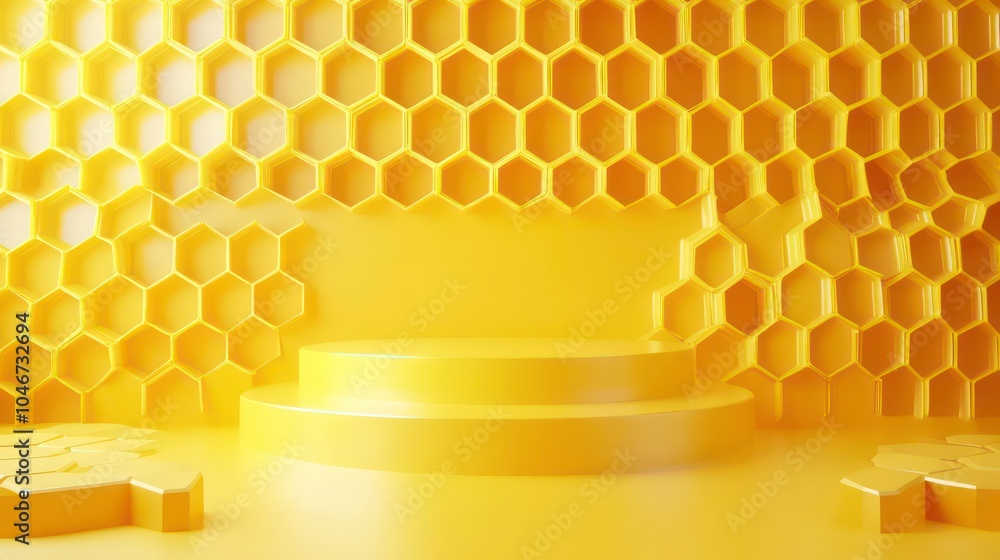 Poster A yellow honeycomb pattern backdrop with a round stage, perfect for product display or presentation.