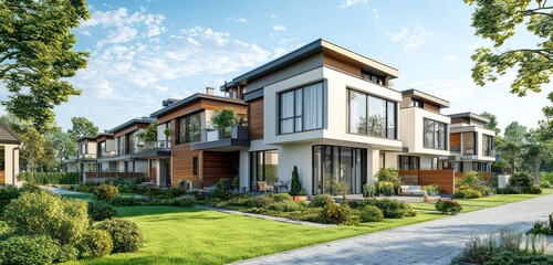 Fototapeta premium Newly built modern terraced house showcases suburban architectural evolution.