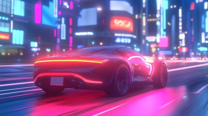 Fototapeta premium Futuristic Car Navigating a Vibrant City at Night