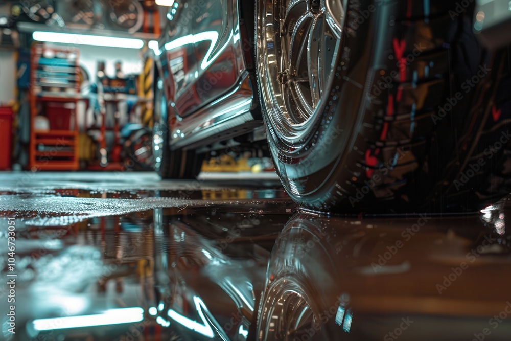 Poster a mechanic is changing tires on a car in a busy auto shop, highlighting the tools and machinery used