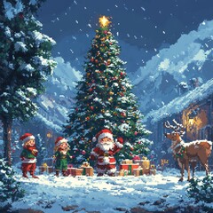 Santa Claus with elves and reindeer in pixel art Christmas scene