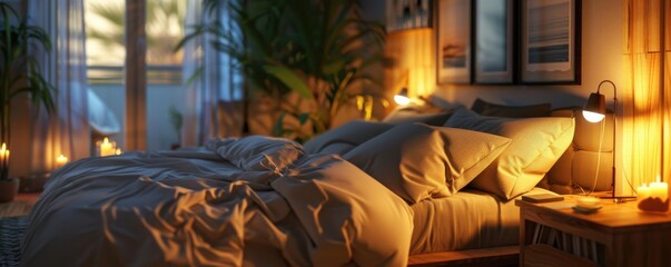 Cozy bedroom with a plush bed and soft lighting, 4K hyperrealistic photo