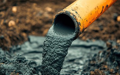 Fresh concrete pouring from a pipe on a construction site, showcasing building materials in action.