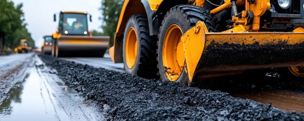 Heavy machinery working on a road construction site, focusing on the wheels and asphalt.