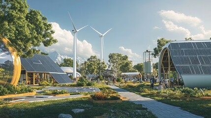 A community event where people are learning about sustainable energy, with solar panels and wind turbines on display.