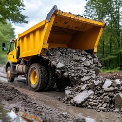 Heavy-duty dump truck unloading gravel on a construction site surrounded by greenery.